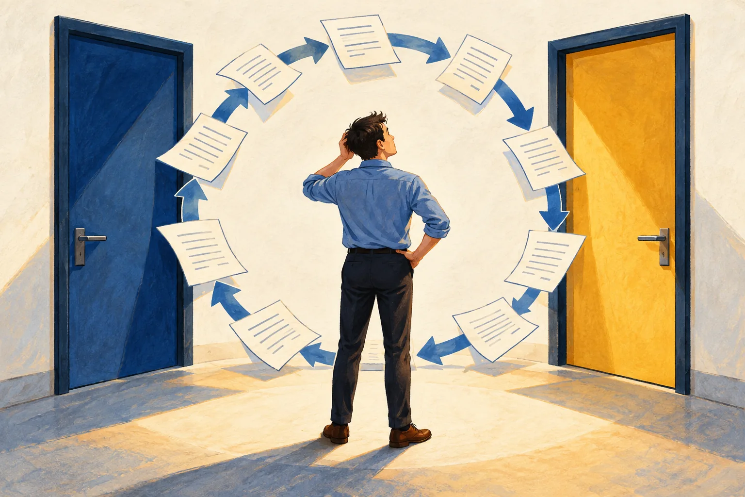 Editorial illustration: A person caught between two doors and a circular chain of application papers.