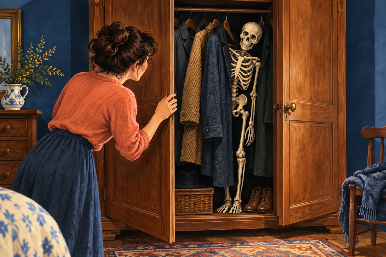 Editorial illustration: A partly opened wardrobe with a symbolic skeleton among the coats.