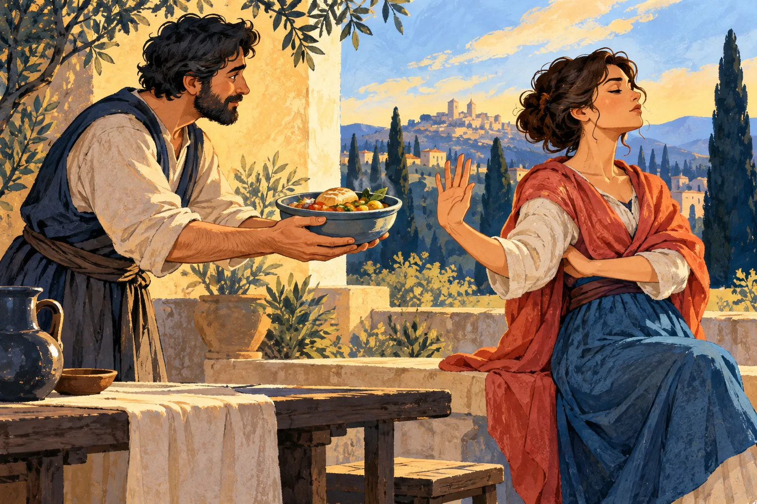 Editorial illustration: A person turning away from a helping hand offering a bowl.
