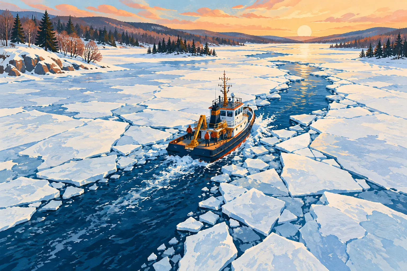 Editorial illustration: A workboat opening a channel through a sheet of river ice.