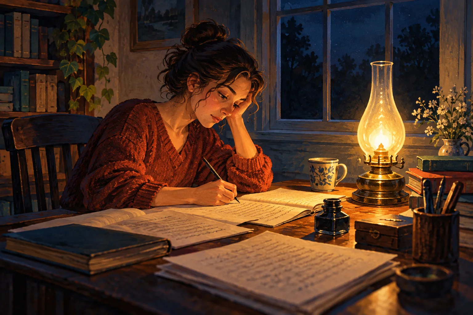 Editorial illustration: An oil lamp lighting pages on a writing desk at night.
