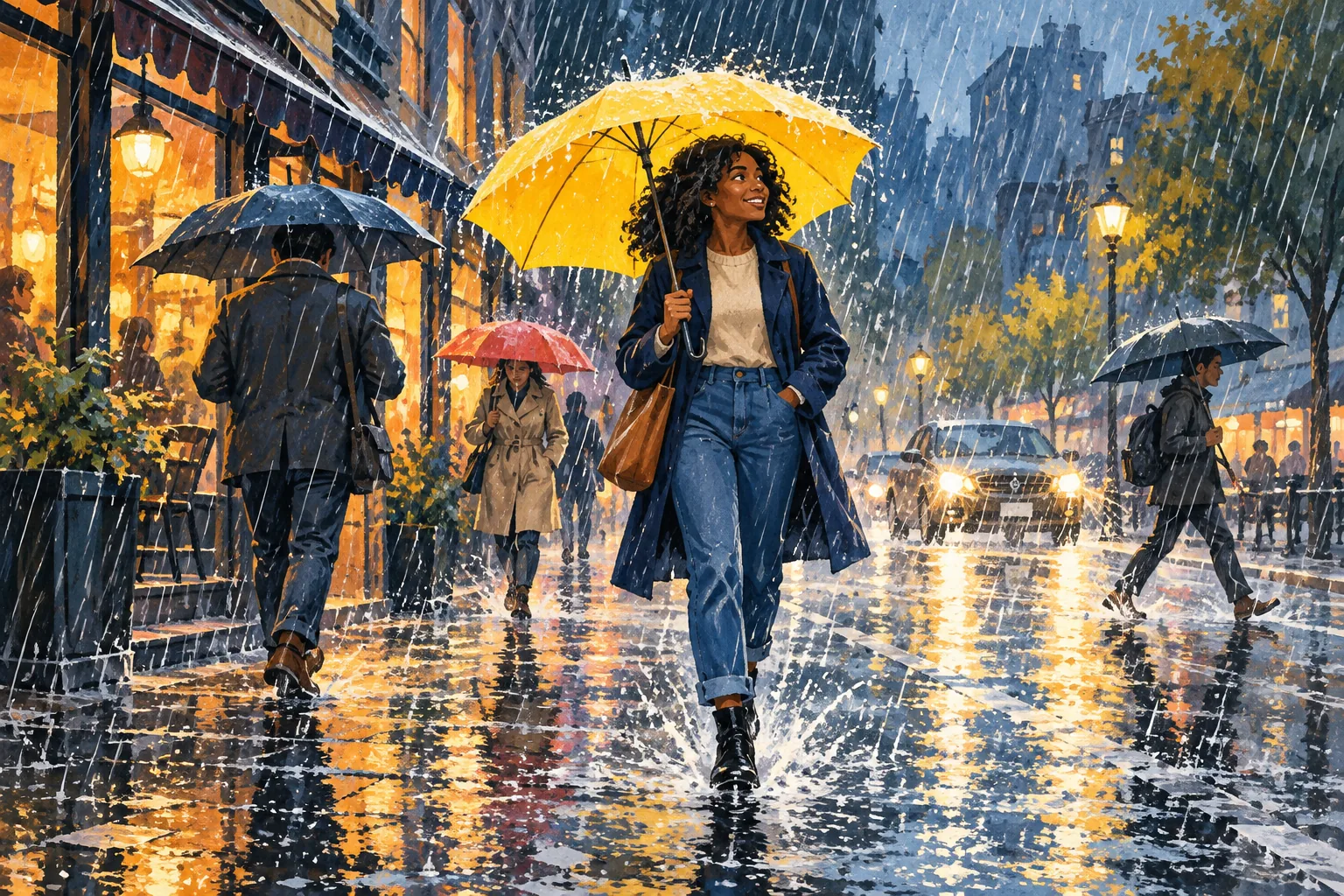 Editorial illustration: Heavy rain splashing onto a street around a yellow umbrella.