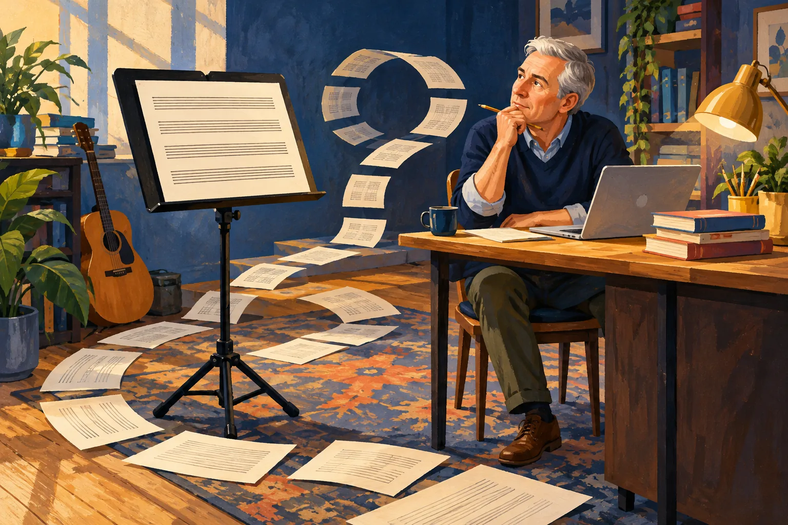 Editorial illustration: A music stand beside work papers, illustrating a phrase with an uncertain origin.