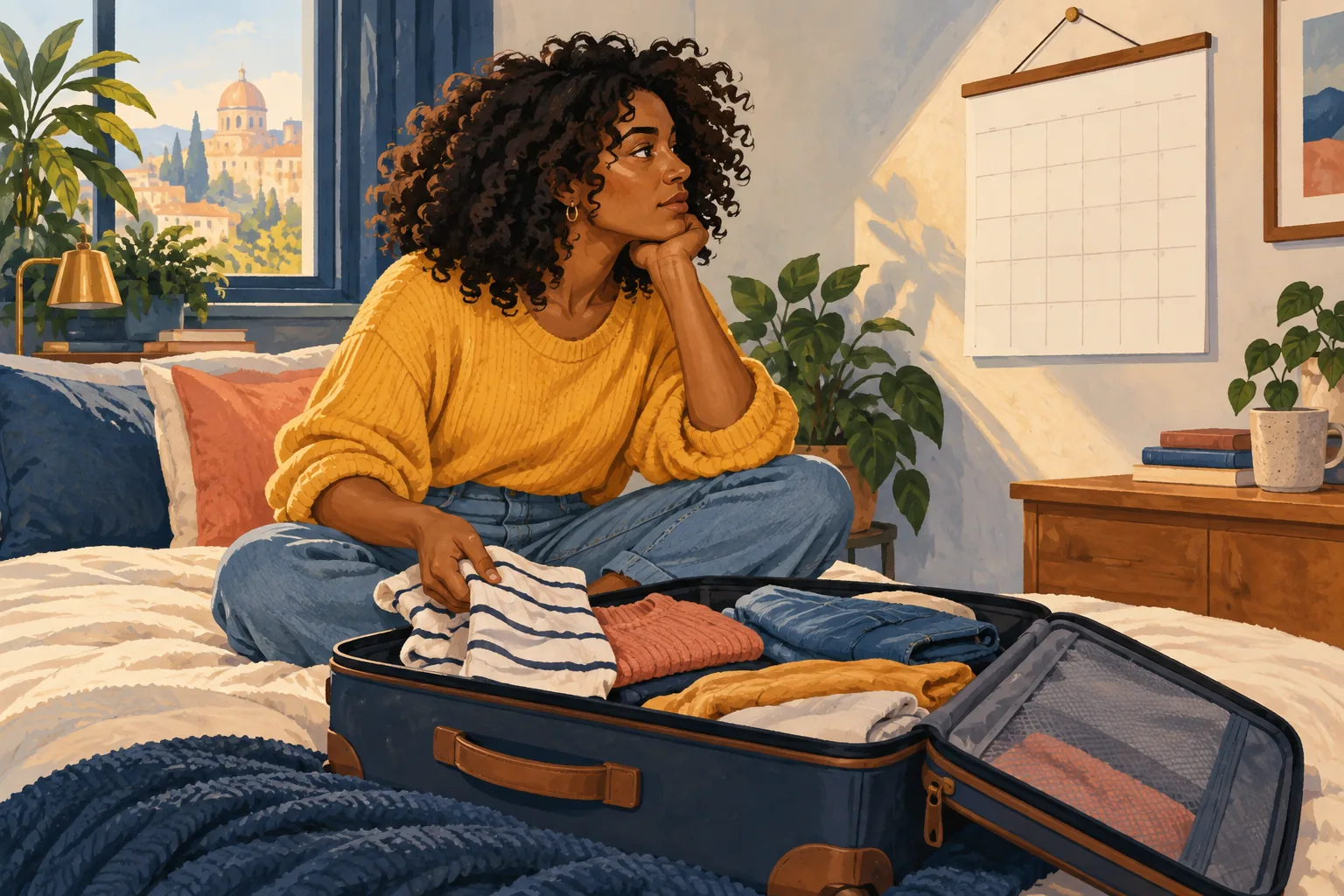 Editorial illustration: A person pausing over a packed suitcase before a commitment.