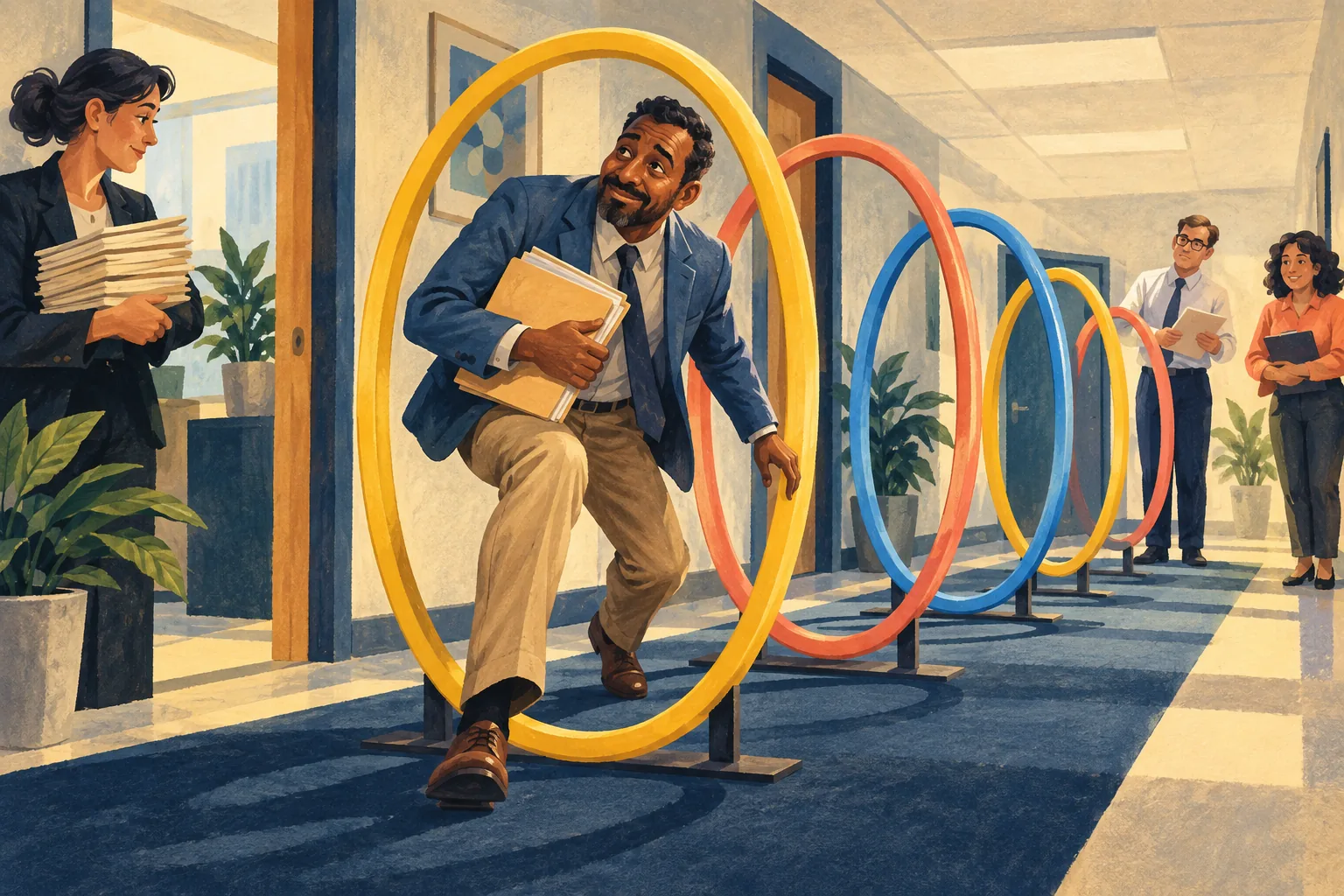 Editorial illustration: A person carrying paperwork through a series of office hoops.