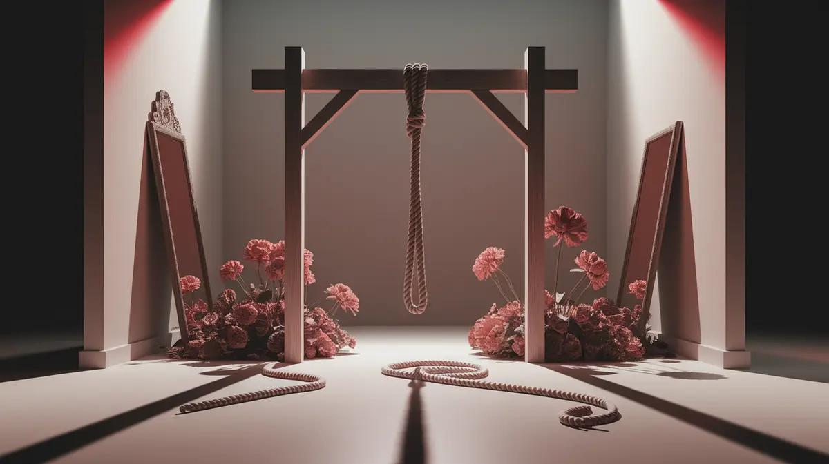 A conceptual illustration representing The Gallows Theory – Suicide by Hanging. Visualize the main ideas: . Creative but clear representation of the concept. Style: photorealistic. high quality, detailed, professional, clean composition, good lighting, sharp focus, well-composed. high quality, professional, detailed, well-composed