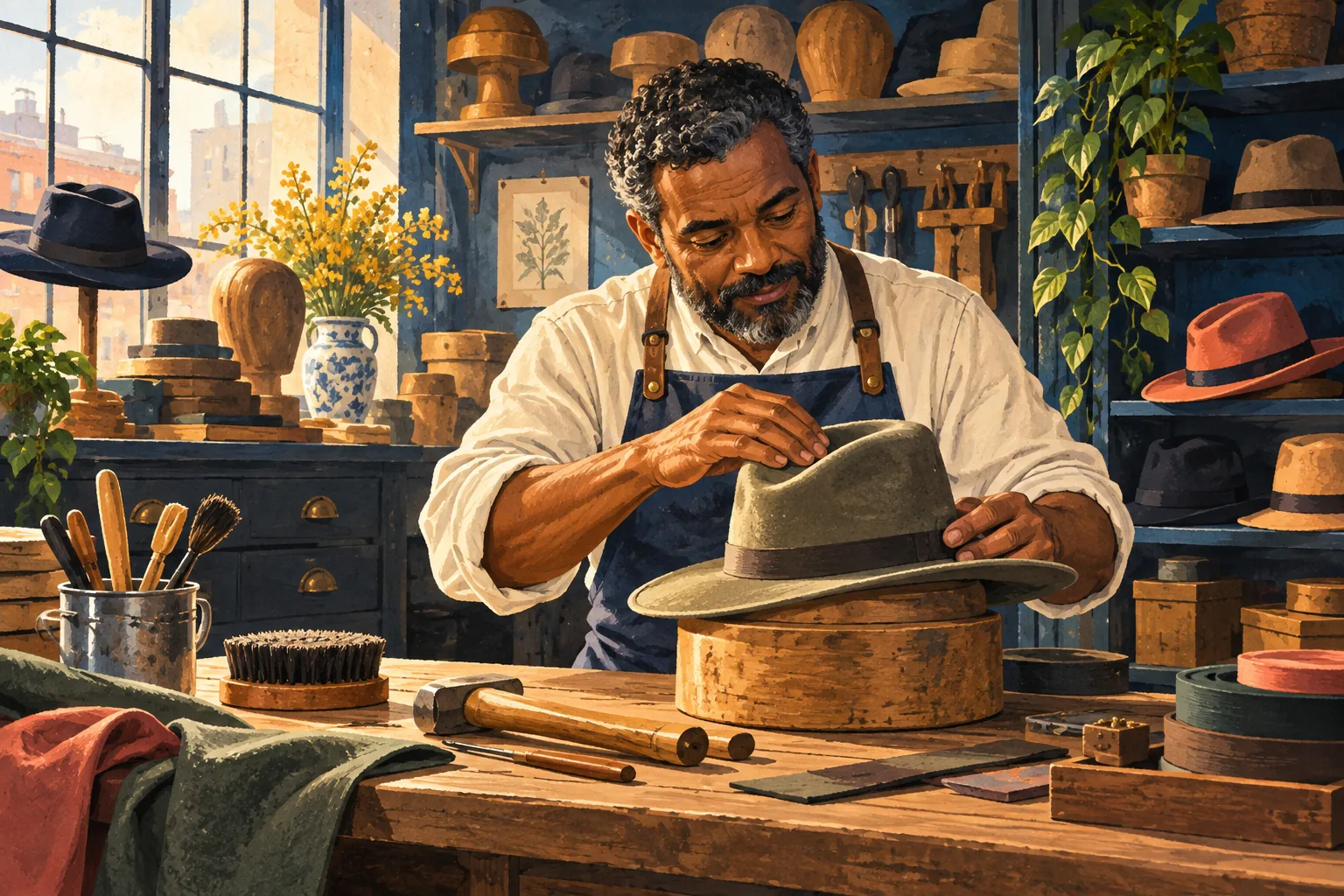 Editorial illustration: A hatmaker shaping a felt hat at a workbench.