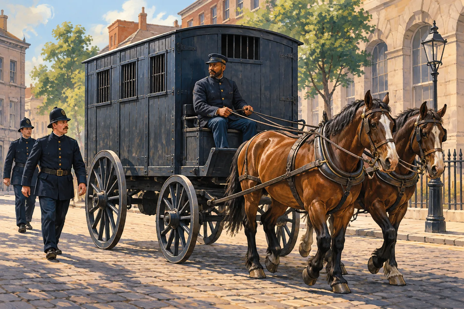 Editorial illustration: An imagined early enclosed horse-drawn transport wagon.