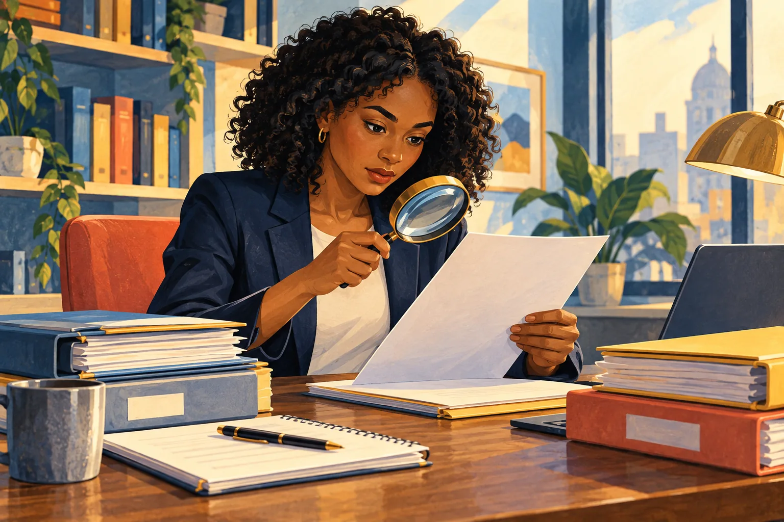 Editorial illustration: A professional examining a contract and supporting records.