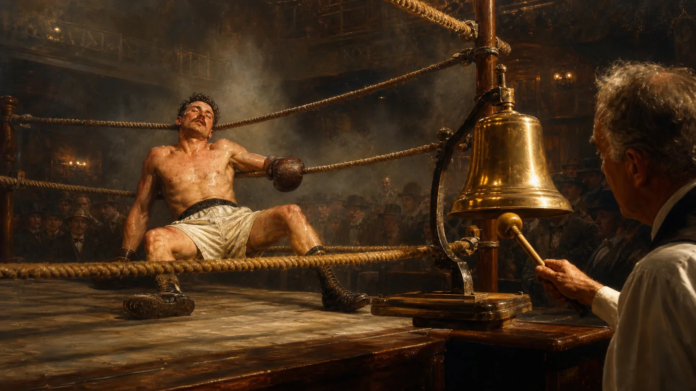 Editorial illustration of an exhausted nineteenth-century boxer reaching the bell at the end of a round.