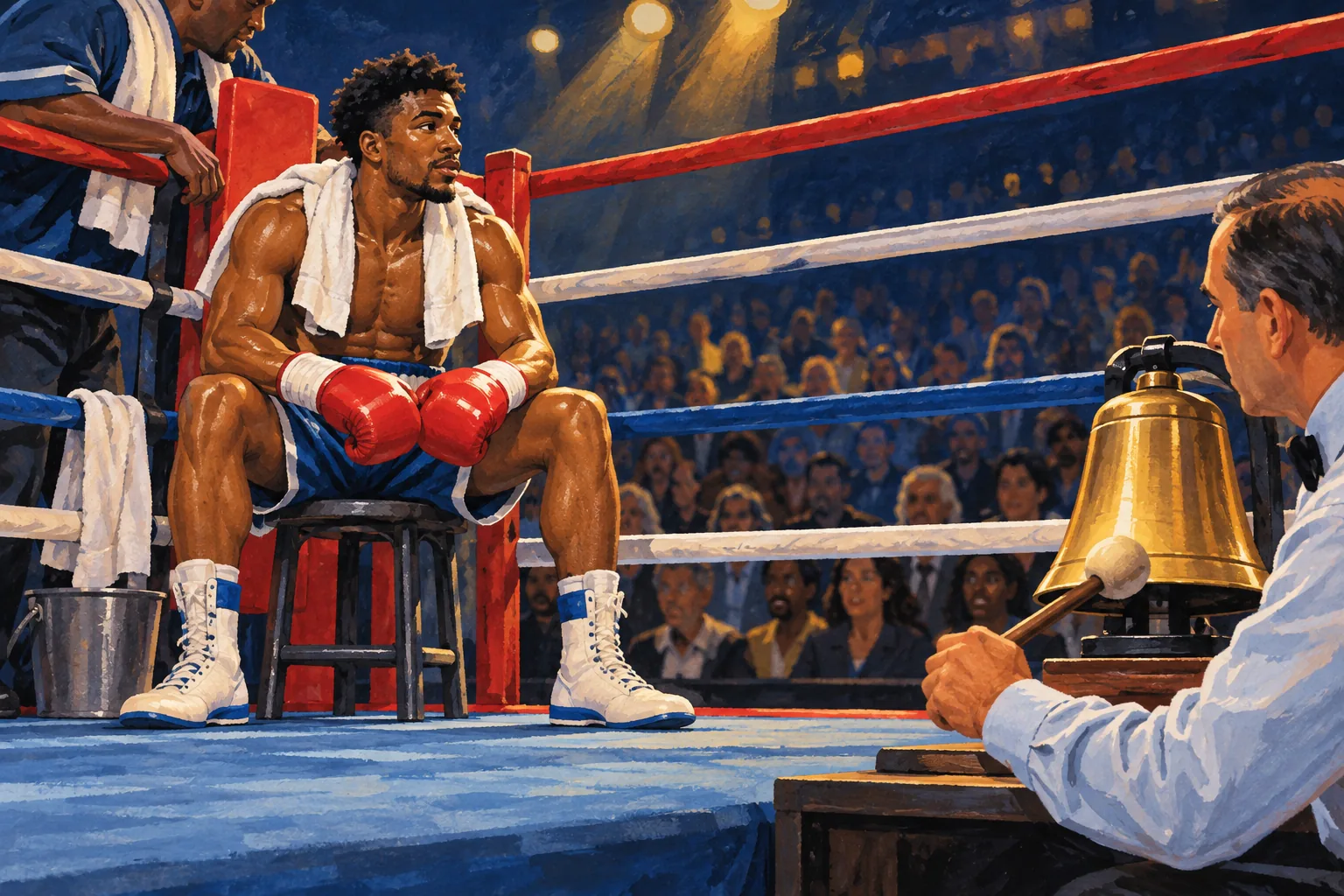 Editorial illustration: A boxer resting in a ring corner as the round bell is rung.
