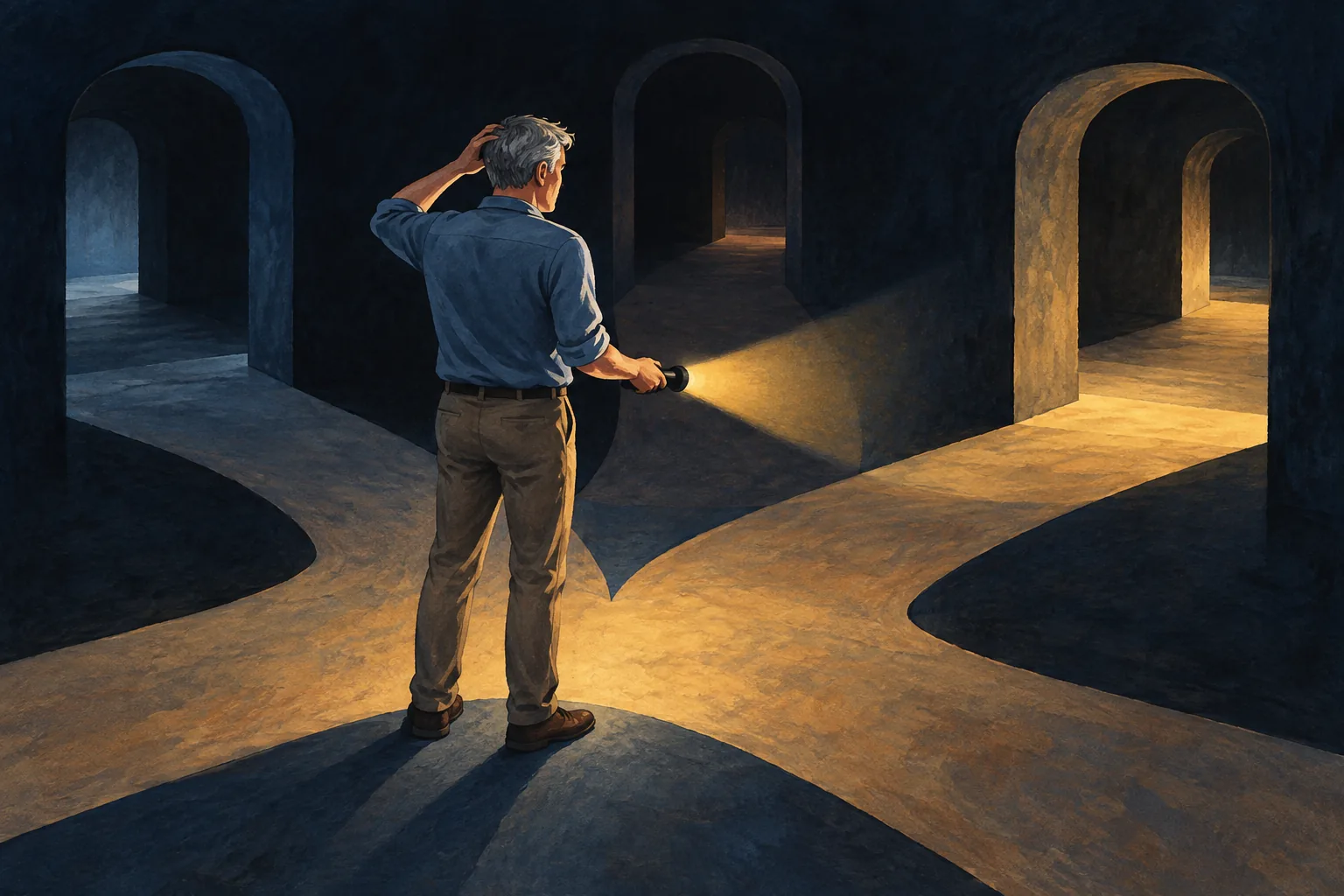 Editorial illustration: A person choosing among dimly lit paths with little information.