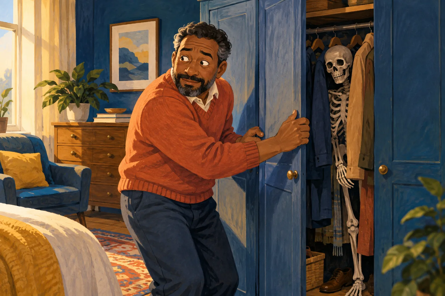 Editorial illustration: A person closing a wardrobe around a symbolic hidden skeleton.