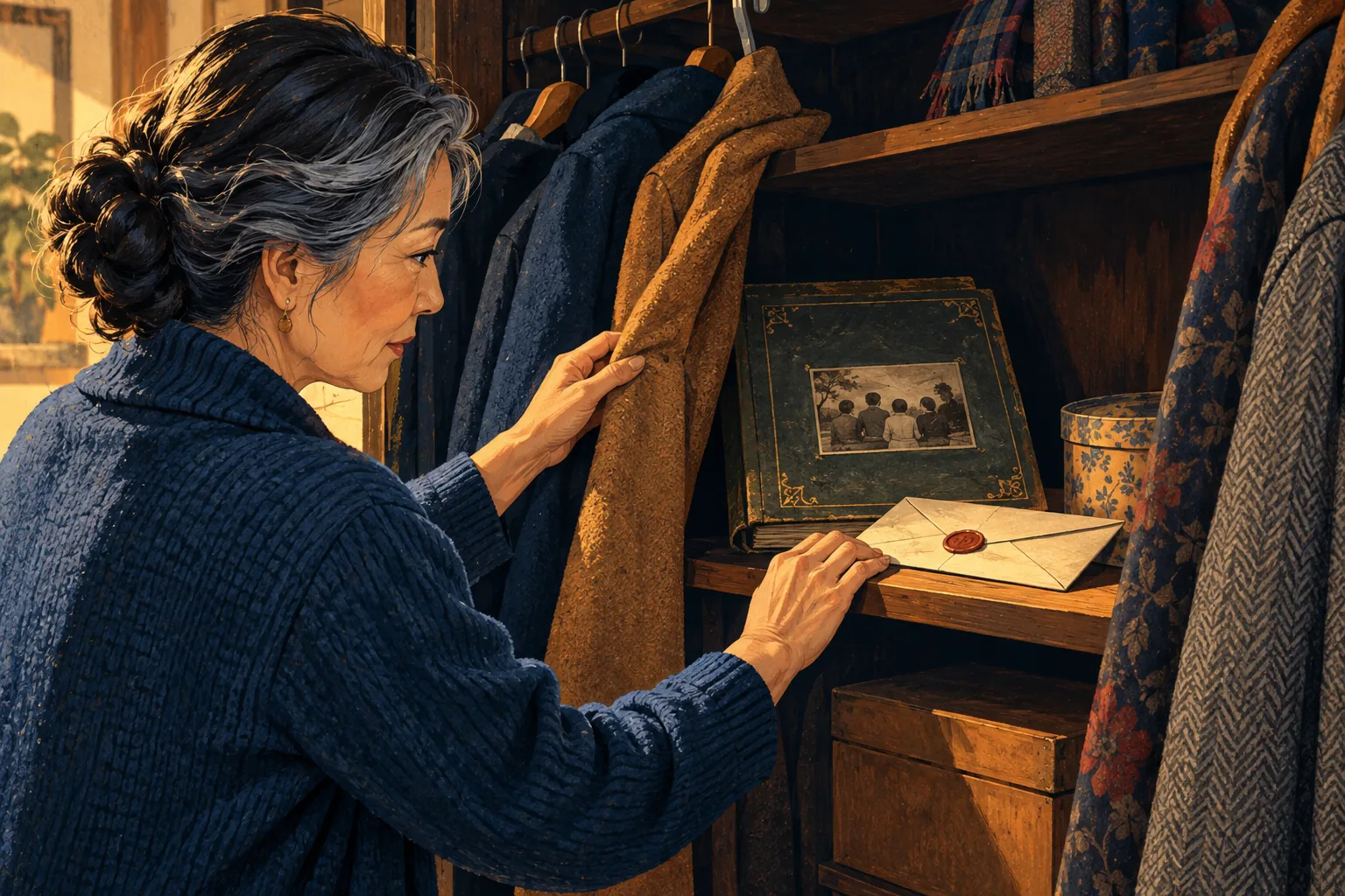 Editorial illustration: An old album and sealed envelope hidden on a wardrobe shelf.