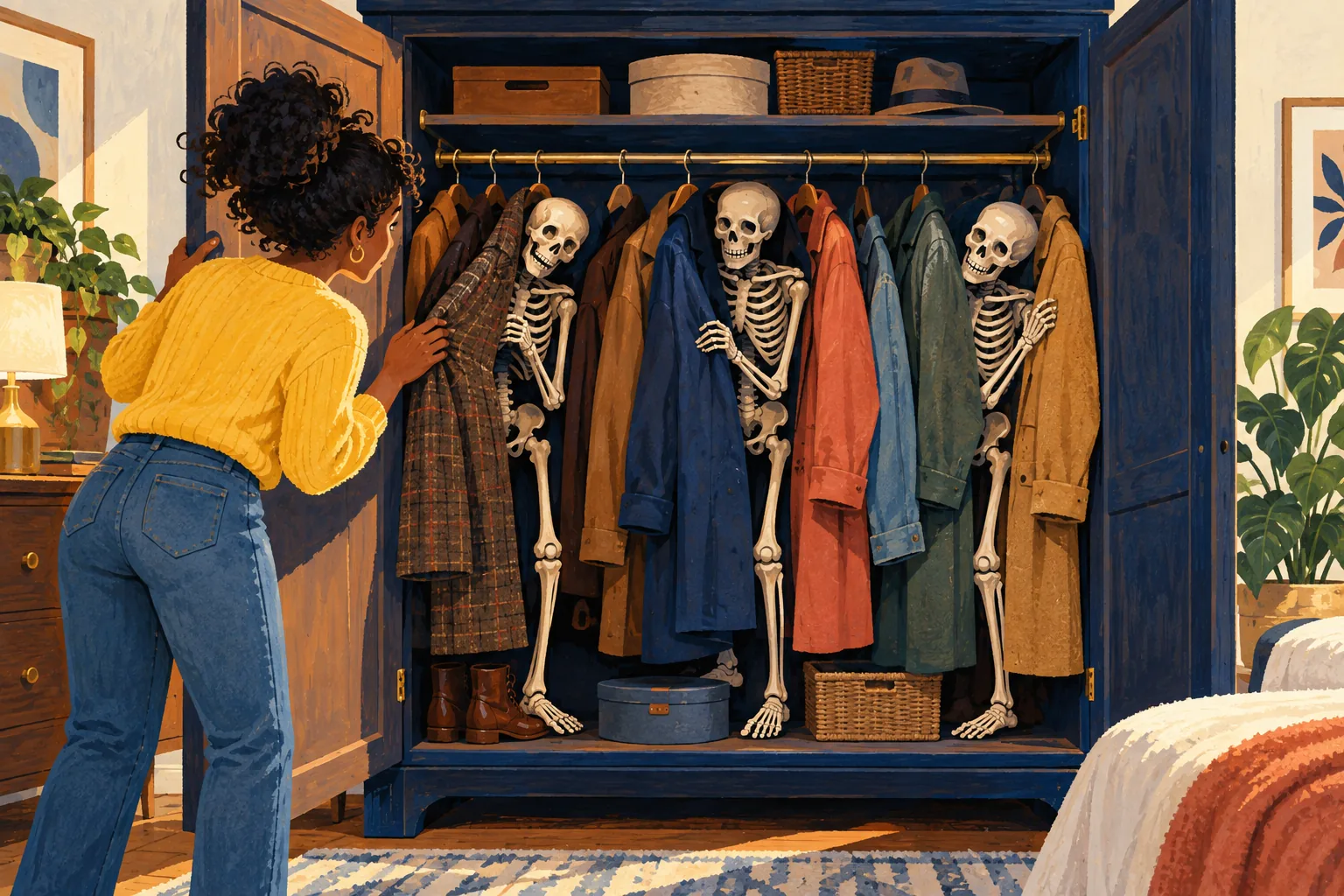 Editorial illustration: Several symbolic skeletons partly hidden among coats in a wardrobe.
