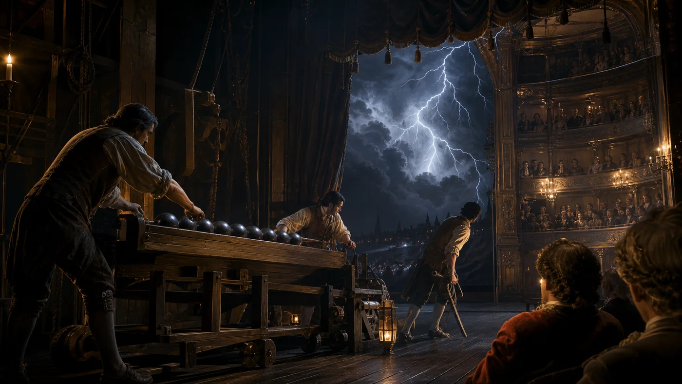 Editorial illustration of stagehands operating a thunder machine in an eighteenth-century London theatre.