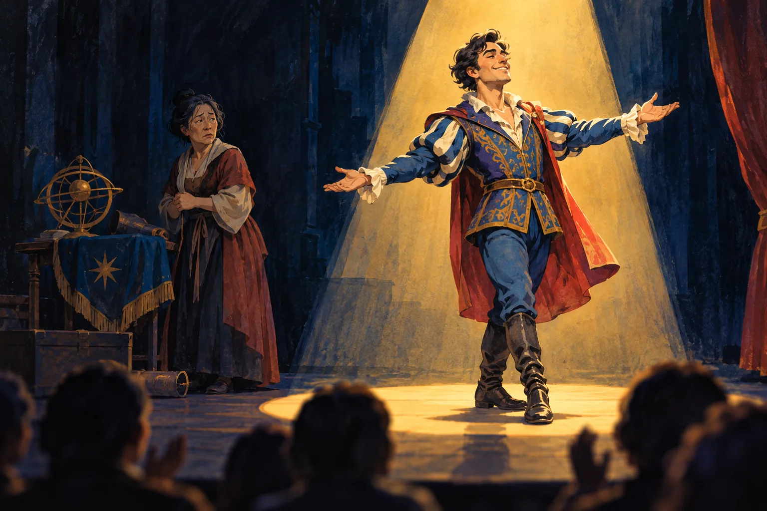 Editorial illustration: A performer taking the spotlight while another waits in shadow.