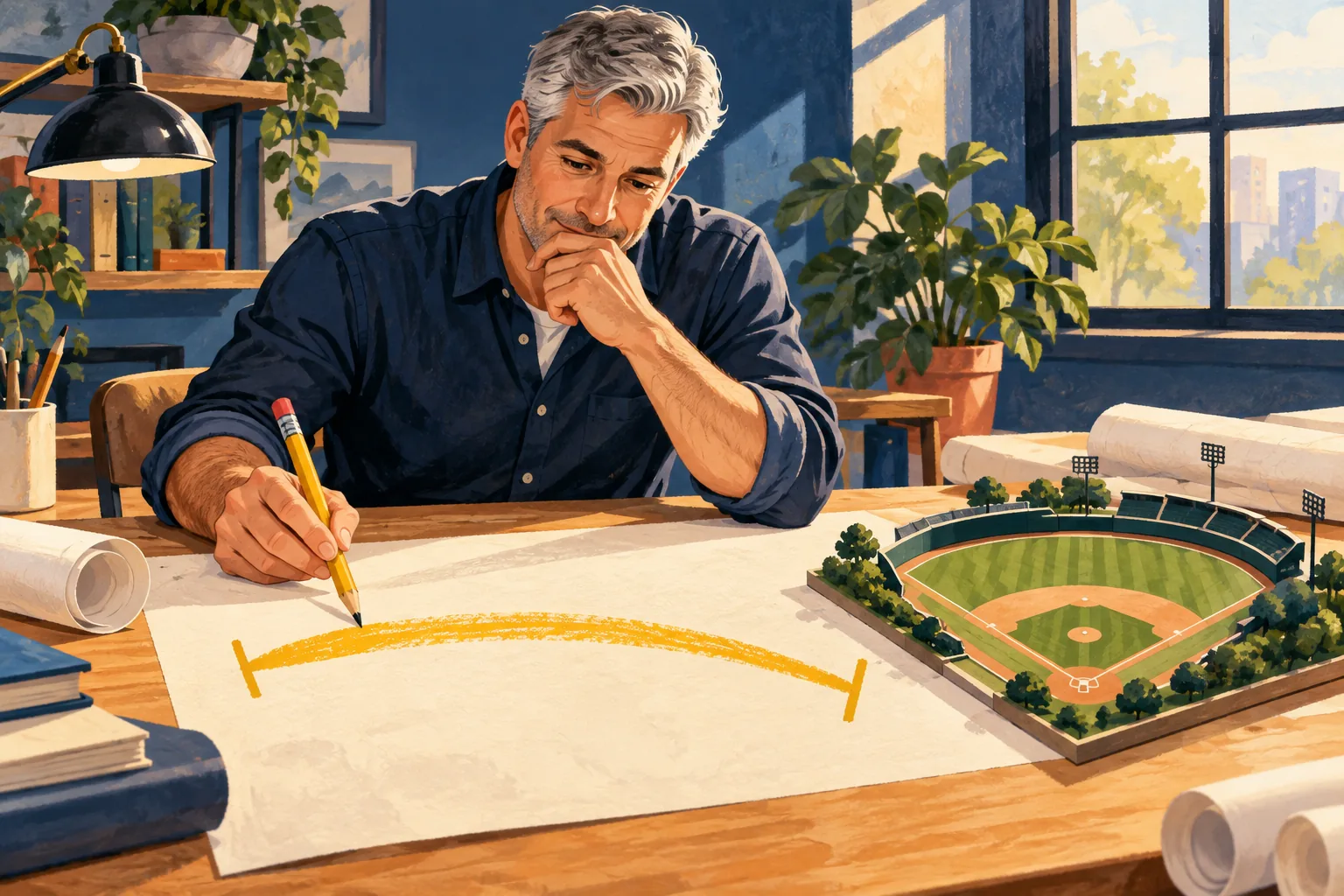 Editorial illustration: A planner sketching an approximate range beside a ballpark model.
