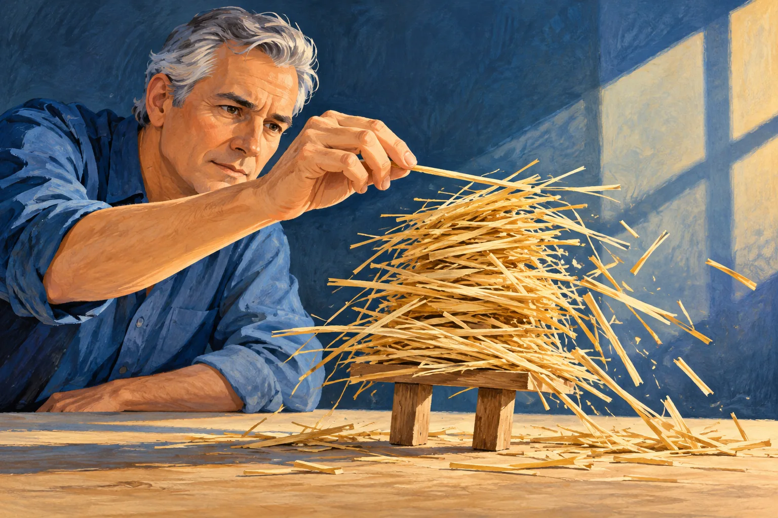 Editorial illustration: One final stalk unbalancing a stack of straw.