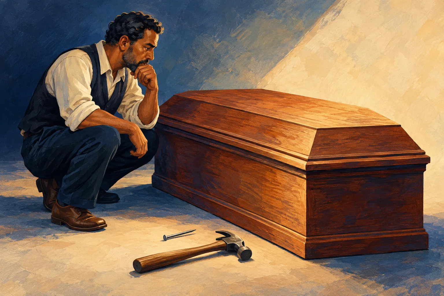 Editorial illustration: A plain closed wooden coffin with a nail and hammer nearby.