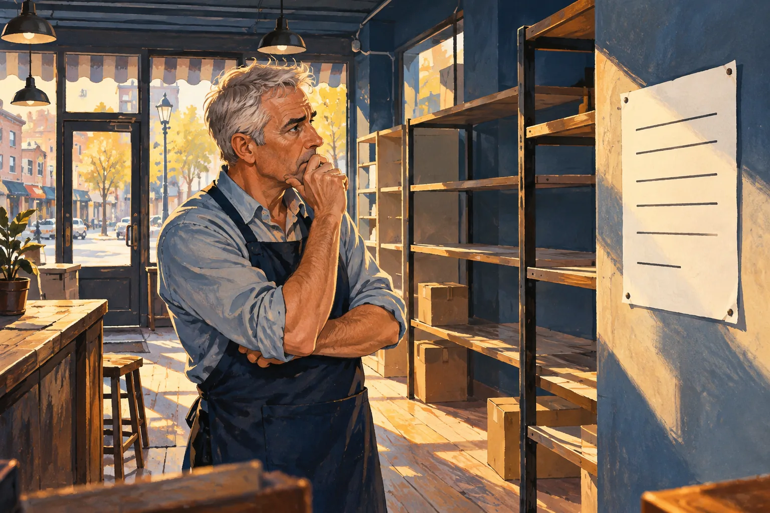 Editorial illustration: A shopkeeper noticing warning signs in a quiet shop.