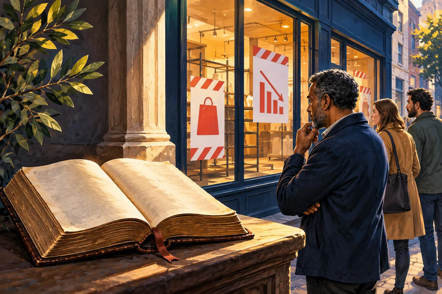Editorial illustration: An old book beside a modern shop window with warning signs of closure.
