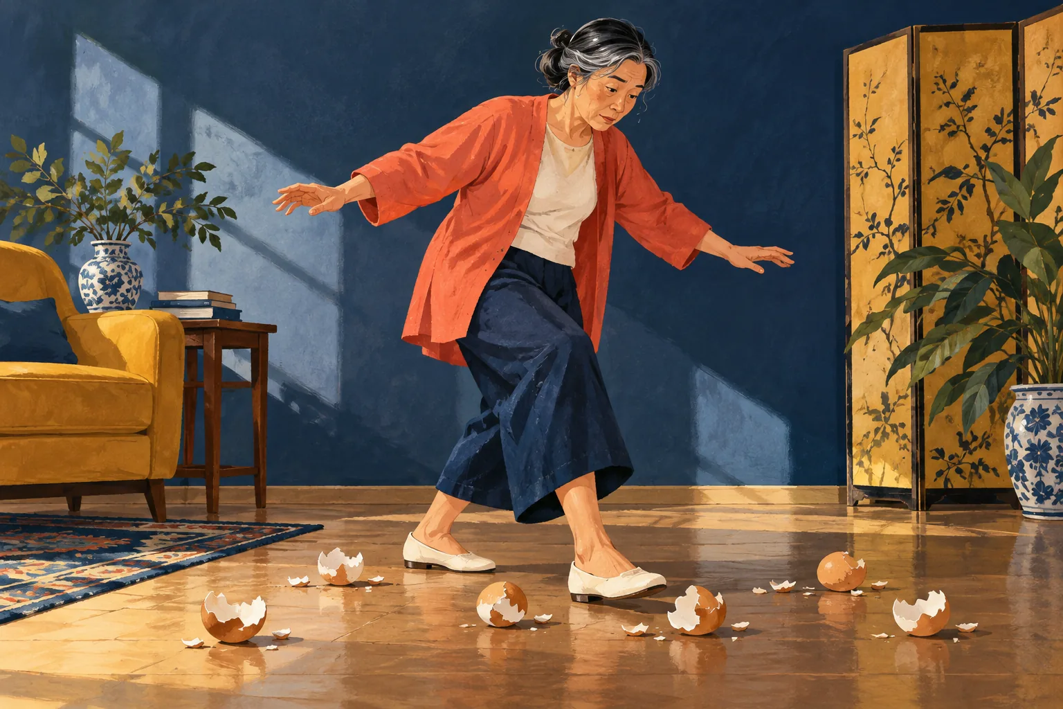 Editorial illustration: A person stepping carefully among scattered eggshells.