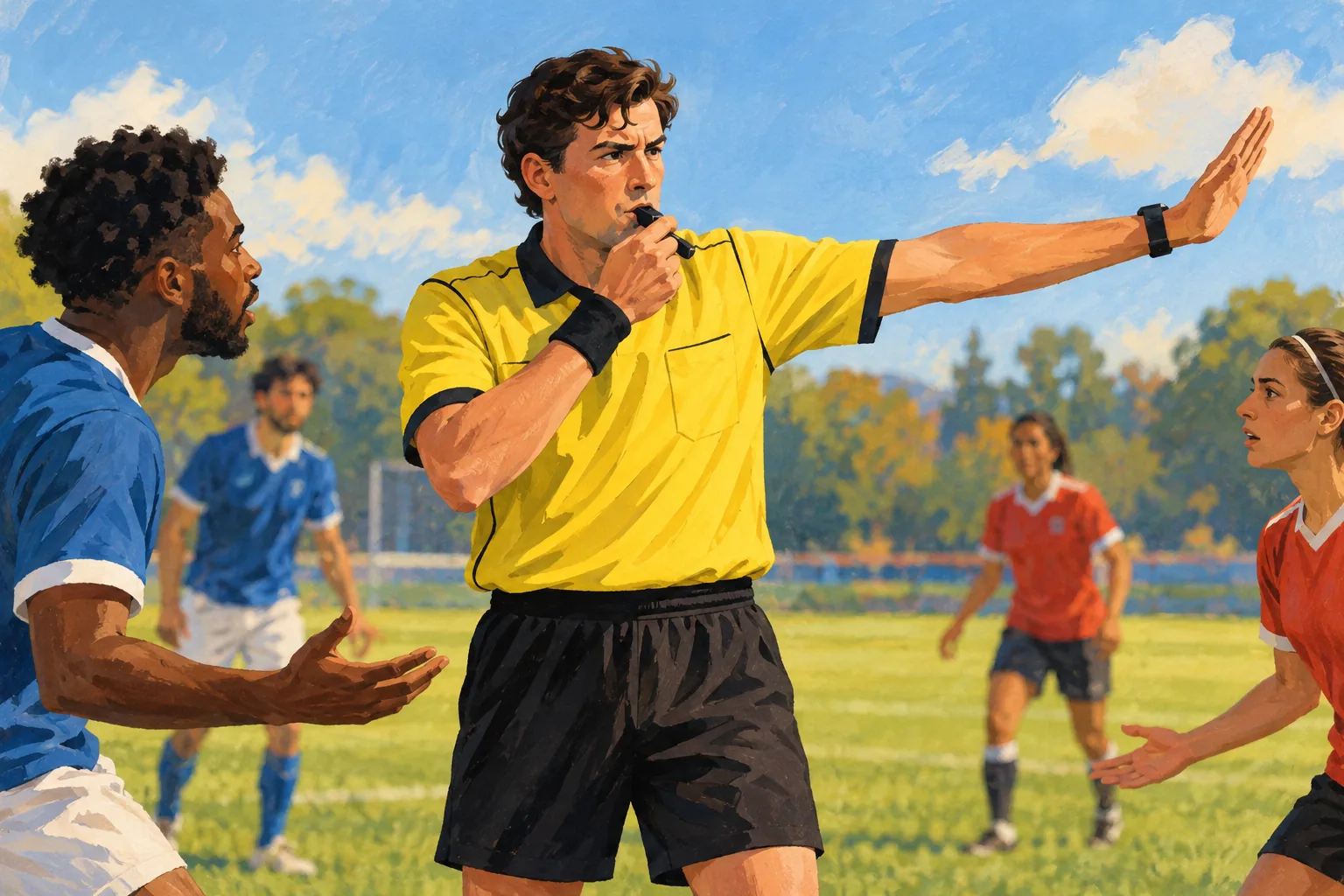 Editorial illustration: A referee using a whistle to call attention to a rule violation.